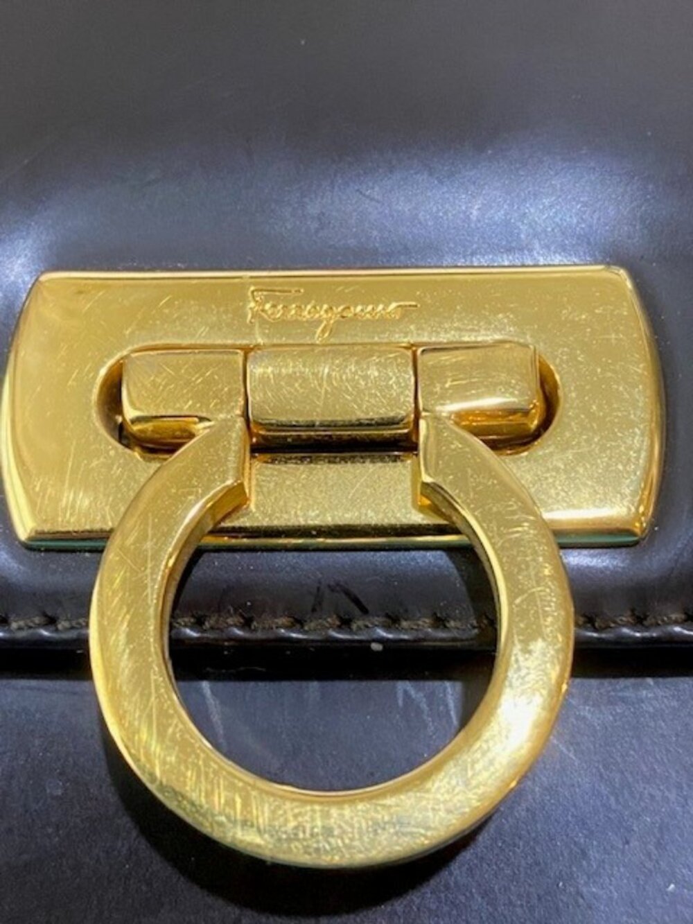 Salvatore Ferragamo Gancini Gold Hardware Double Top Handle Bag Dark Brown - Picture 2 of 10